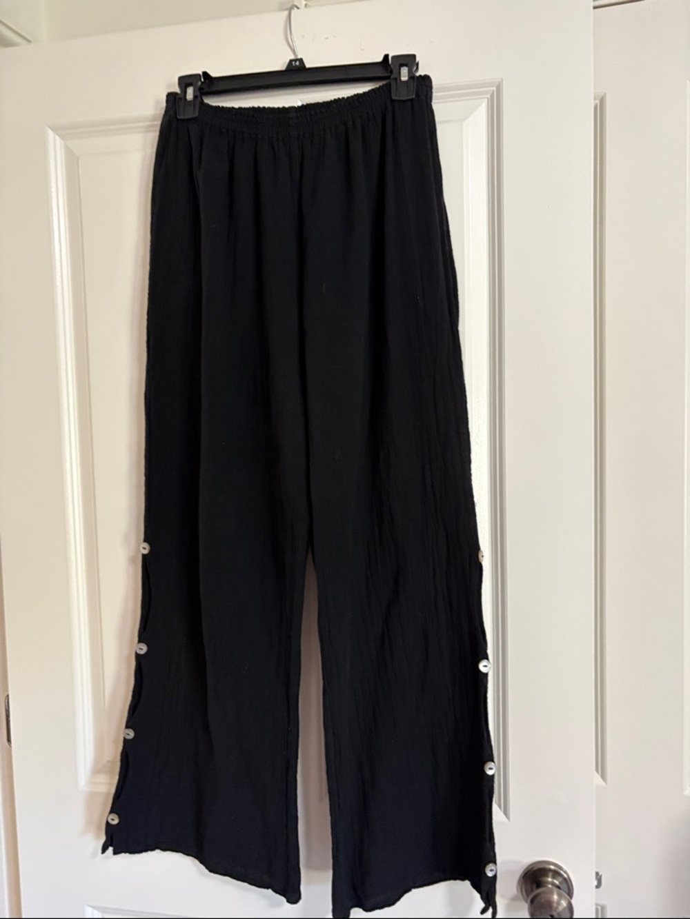Women's Black Wide-Leg Pull-On Pants with Side Buttons